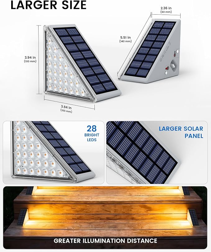 NIORSUN Outdoor Step Lights, Upgraded 28 LEDs 2 Brightness Modes, IP67 Waterproof Solar Stair Lights for Outside Steps, 1200mAh Battery Long Runtime Warm White for Patio Deck Yard Porch, 6 Pack