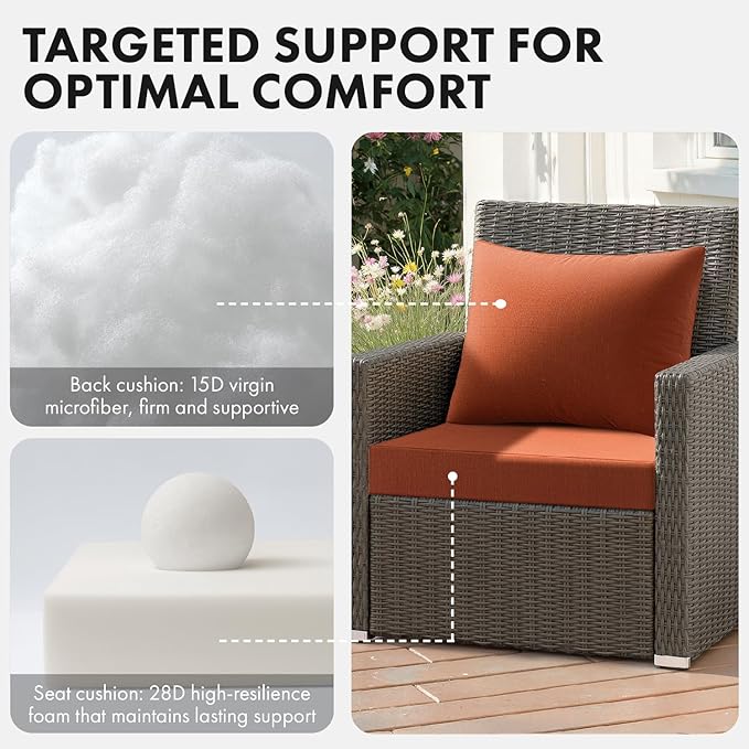 MIULEE Burnt Orange Outdoor Seat Cushion Set 24x24 Inch Linen Textured Waterproof & 3 Year Color Fastness Seat and Back Cushion with Ties No Slip Design for Patio Furniture Chair Sofa Couch