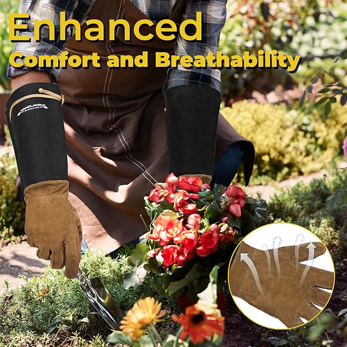 HANDLANDY Long Gardening Gloves for Men & Women, Pigskin Leather Rose Pruning Gloves, Breathable Thorn Proof Gauntlet Glove (Coffee Brown, XL)