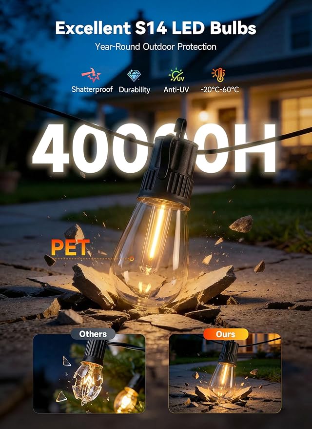 Minetom 80FT Outdoor String LED Patio Lights Waterproof, 24 Shatterproof S14 Vintage Edison Bulbs,Commercial Grade Outside Hanging Lights Waterproof for Porch Deck Garden Backyard Balcony Cafe Bistro