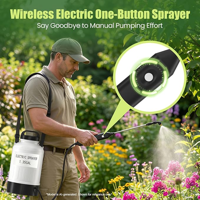 Battery Powered Sprayer 1.35 Gallon, Wide Mouth Electric Pump Sprayer with Upgraded Elevated Base and Thickened Anti-Abrasion Tank, Kink Proof Hose, Retractable Wand, 3 Nozzles Lawn and Garden