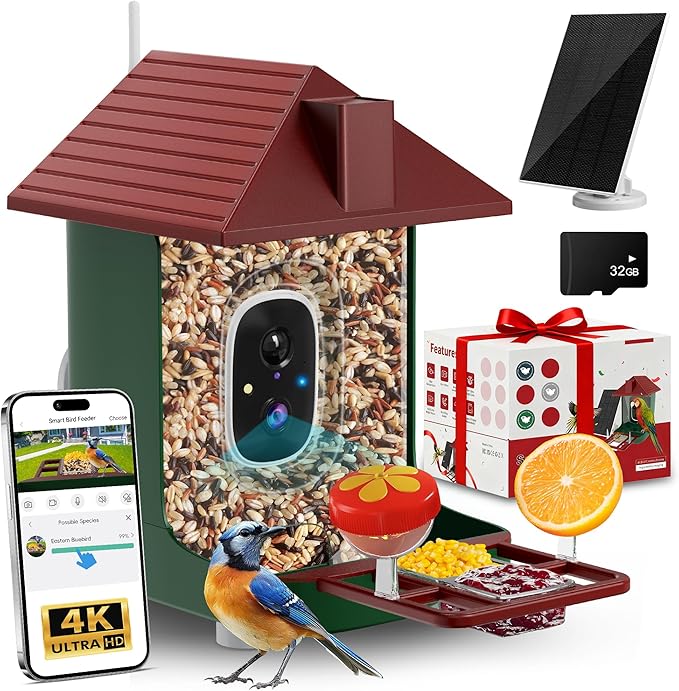 Smart Bird Feeder with Camera,5200mAh Battery with Solar Panel, 4K Native Resolution Live View, AI Species Identification, Auto Capture & Instant Arrival Alert, Ideal Gift for Bird Lovers (Red Green)