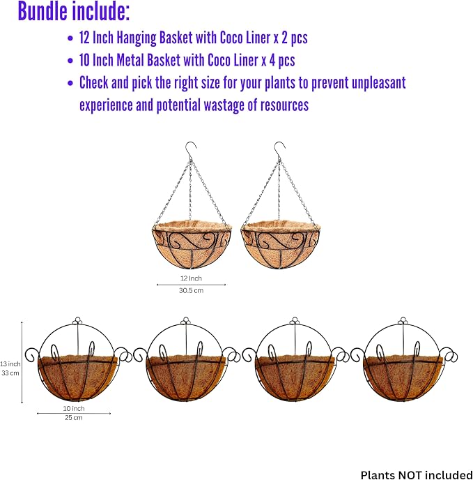 LaLaGreen Bundle- 2 Pack, 12 Inch Hanging Basket with Coco Liner + 4 Pack,10 Inch Metal Wire Basket with Coco Liner Fence Deck Rail Patio Porch Modern Country Famhouse Style Flower Holder Garden Decor