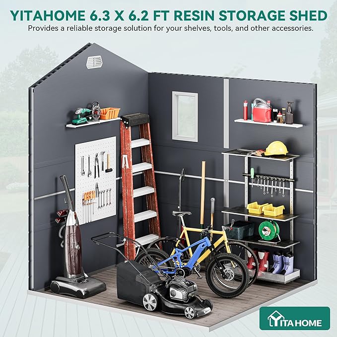 YITAHOME 6x6FT Resin Storage Unit sans Flooring, All-Weather Plastic Shed with Window, Vents and Secured Doors, Outdoor Plastic Tool Cabin for Poolside, Lawn, Backyard, Patio, Dark Gray
