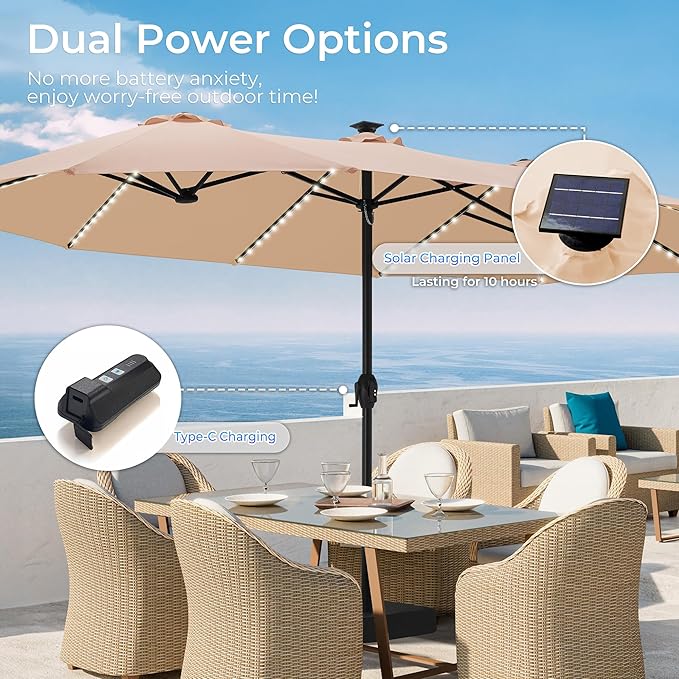 SUPERJARE 15ft Large Patio Umbrella with Base included, Double Sided Outdoor Umbrella with Solar Lights, Pool Umbrella with Fade Resistant Canopy for Deck, Porch, Yard, Balcony, Beige