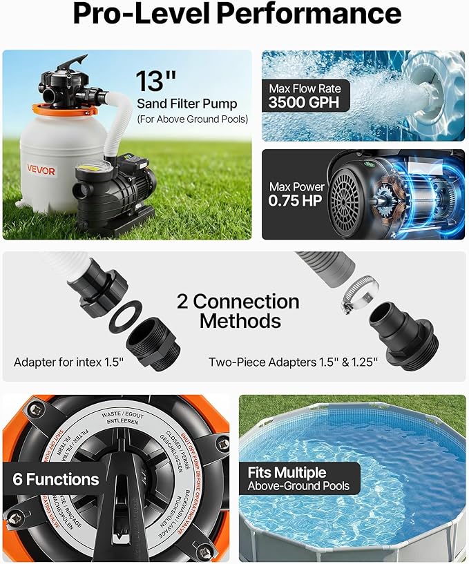 VEVOR 13 in Sand Filter Pump for Above Ground Pool, 0.75 HP 3500 GPH, Swimming Pool Sand Filter Pump with Pre-Assembled Core & Leak-Resistant Design, 6-Way Valve, High-Efficiency Filtration for Pools