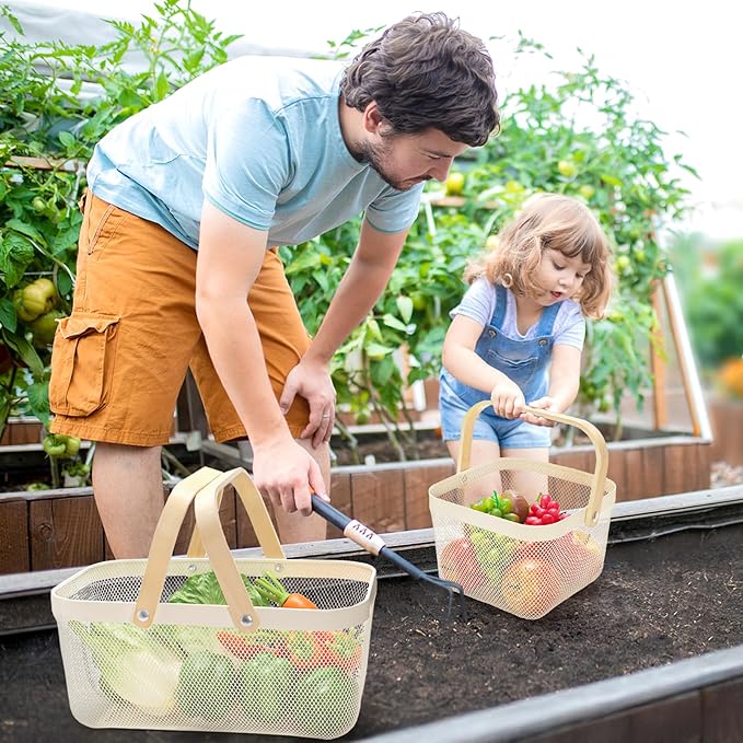 ZEAYEA 2 Pack Harvest Basket with Handle, Garden Baskets for Gathering Vegetables, Multi-functional Metal Mesh Fruit Basket, White Mesh Storage Basket for Picnic Kitchen Garden Cabinet Pantry Bathroom
