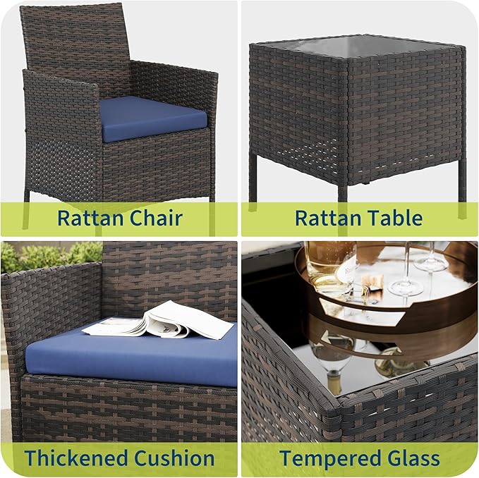 GAOMON 3-Piece Patio Furniture Set, Modern PE Rattan Conversation Set with 2 Chairs & Tempered Glass Coffee Table, All-Weather Outdoor Seating for Garden, Porch, Balcony, Poolside, Brown/Navy Blue