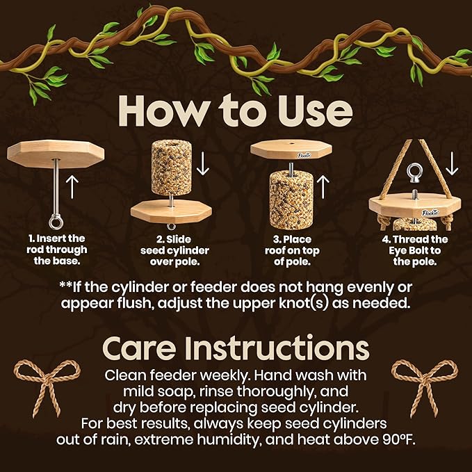 Cylinder Bird Feeders for Outdoors - Weather Resistant Wood Cylinder Feeder with a Bird Safe Protective Clear Finish - Holds Bird Seed Cylinders with Hole, Logs, & Birdseed Cakes
