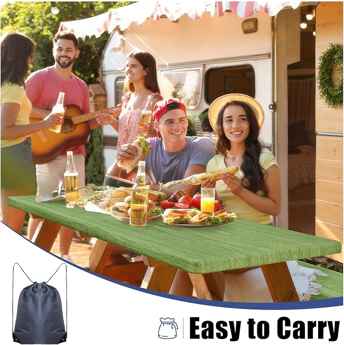 Smiry Picnic Table Cover with Bench Covers, Waterproof Elastic Fitted Tablecloth for 5 Foot Tables, Washable Polyester Tablecloths for Camping, Indoor & Outdoor (Green & Black, 30x60 Inch 3-pc Set)