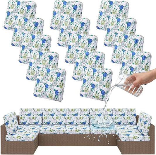 Smiry Waterproof Patio Cushion Covers, Stretch Outdoor Couch Slipcovers Replacement Washable Furniture Protector Sofa Chair Seat Cover for Dogs and Pets (14 Pcs, Light Green)