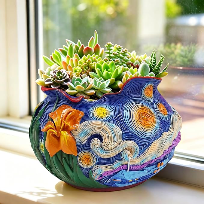 Flower Starry Sky Plant Pots-Cute Unique Flower Pots with Drainage Hole, Resin Planters for Indoor Outdoor Succulent Planter, Plant Gifts for Mother's Day, Birthday, Christmas