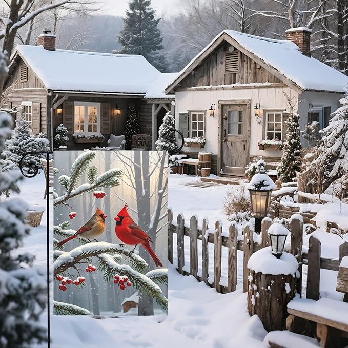 Winter Cardinal Bird Garden Flag 12x18 Inch Red Brown Birds Christmas Holiday Seasonal Theme Decorative Yard Flags for Outside Double Sided Outdoor Home Farmhouse Decoration Porch New Year Decor