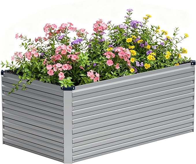 Vengarus 4x2x2FT Galvanized Raised Garden Bed Kit, Deep Root Planter Box Outdoor Large Planter Raised Beds for Planting Flowers,Vegetables and Herbs-Silver