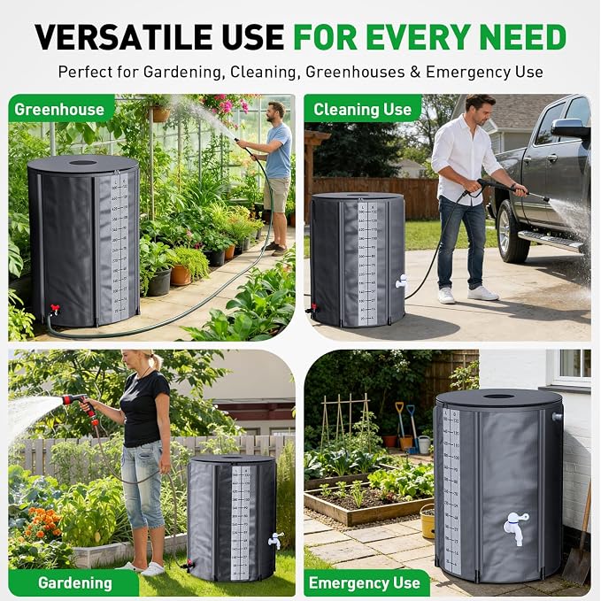 Yesker Collapsible Rain Barrel, 132 Gallon Portable Rainwater Collection System, 550D PVC Water Storage Tank, Rain Catcher with Spigots Filter Overflow Kit, Grey