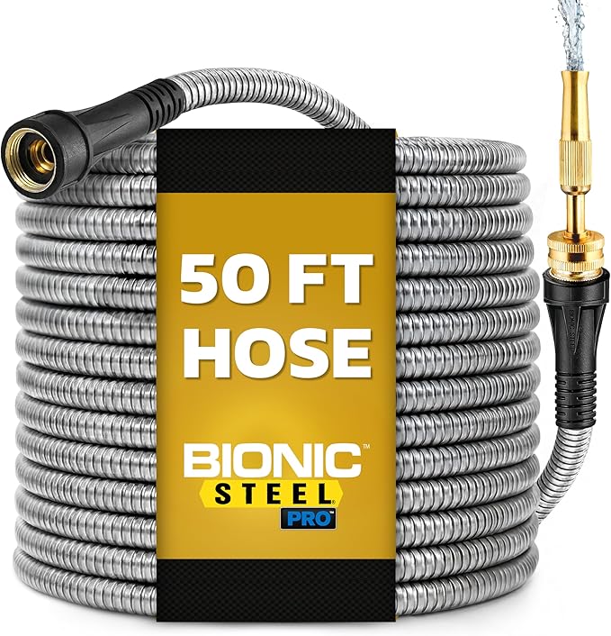 Bionic Steel PRO 50 Ft Metal Garden Hose with Nozzle, Water Hose Made from Heavy Duty 304 Stainless Steel, Flexible, Lightweight, Brass Fittings, Non Kinking, 500 PSI