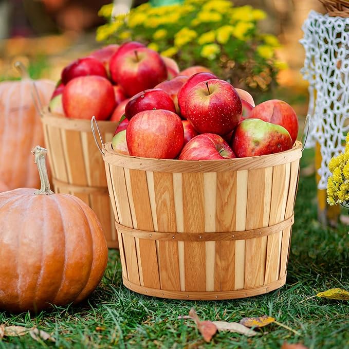 Marsui 8 Pcs Jumbo Half Bushel Baskets, 14 x 9.5 Inch Large Round Wooden Apple Basket with Handles Handcrafted Produce for Farmers Market Harvest Fruit Plants or Commercial Use