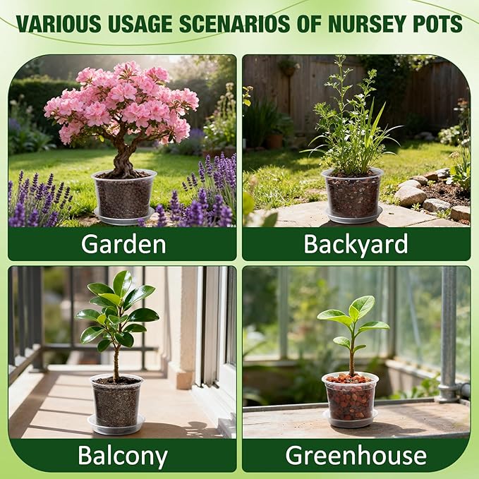 10/8/6/4 Inch Clear Nursery Pots with Drainage Holes and Saucers, 12 Pack Large Clear Pots for Plants Variety Pack, Plastic Nursery Pots for Succulents, Seedings, Herbs, Flowers, Vegetables
