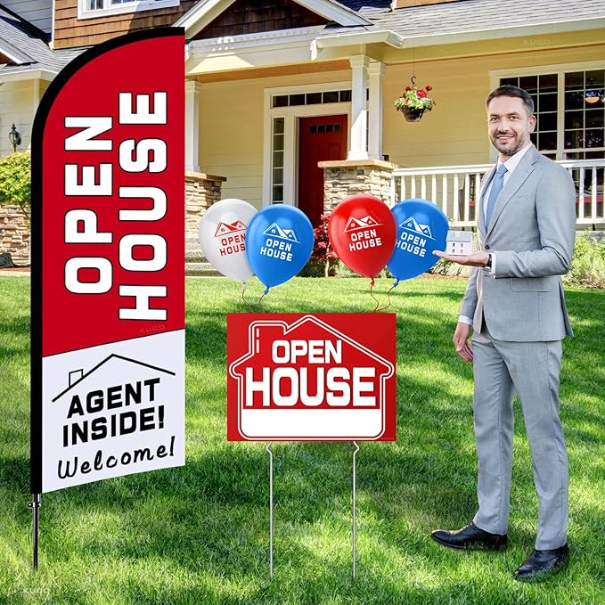 Open House Signs Kit (45 Pcs), 1 Pack Open House Flag, 9 Pack Open House Signs for Real Estate, Double Sided Directional Arrows Sign with Stakes and 24 Balloons for Real Estate Agents Supplies