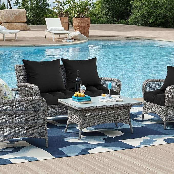 22x22 Waterproof Outdoor Chair Cushions Set of 2, Patio Cushions for Outdoor Furniture Water-Resistant & Fade-Resistant, Deep Seat & Back Cushion for Wicker Sofa (Black)