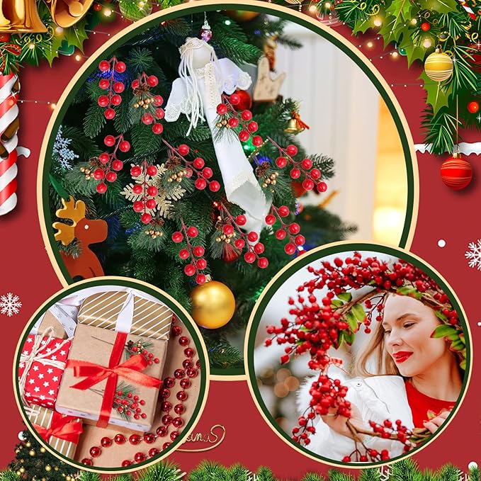 40 Pieces Mini Artificial Christmas Floral Pine Picks Red Berry Picks Holly Red Berry Stems Green Pine Needles for Christmas Tree Wreath Gifting Props Winter Holiday