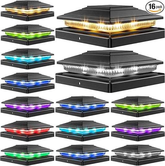 16Pack Solar Post Cap Lights - 8 RGB Color Changing Modes & Multicolor Flow, IP65 Waterproof - for 4x4/6x6 Wood & 4x4/5x5 Vinyl Fence Posts - Outdoor Deck, Patio, Garden Lights (Black)