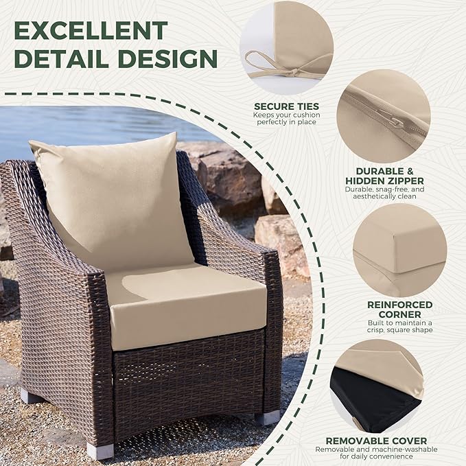 Outdoor Cushions for Patio Furniture, Outdoor Seat Cushion Set 24 x 24 x 5.75 Inch, Waterproof & Fade Resistant Outdoor Chair Cushions, Deep Seat Patio Cushion with Removable Cover, Beige