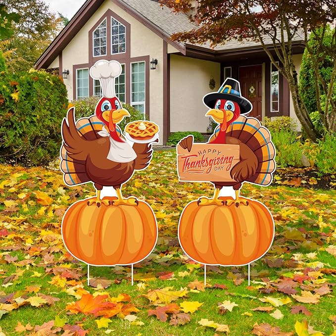 Large Thanksgiving Yard Signs 2pc with Stakes Happy Thanksgiving Decorations Outdoor Turkey Pumpkins Harvest Garden Wall Porch Signs Seasonal Holiday Party Supplies Lawn Yard Decorations