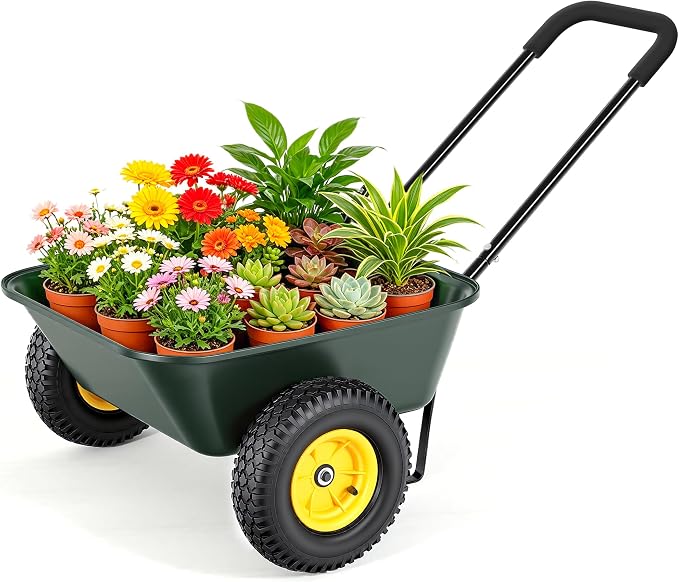 2 Wheel Wheelbarrow, Dual-Wheel Garden Dump Cart with 10" Non-Slip Pneumatic Tires & Ergonomic Padded Handle, Heavy-Duty Home Utility Yard Cart Wagon with 3 Cu Ft Capacity for Lawn, Gardening