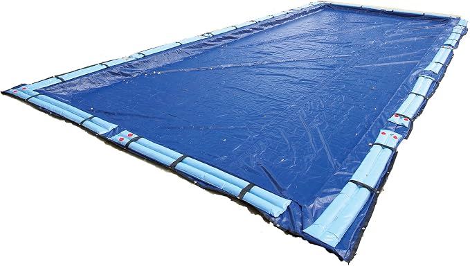Blue Wave Gold 15-Year 20-ft x 44-ft Rectangular In Ground Pool Winter Cover | Solid polyethylene, black underside, heat-sealed seams, grommets, cable, winch, 5-ft overlap, 15-yr support, blocks debris