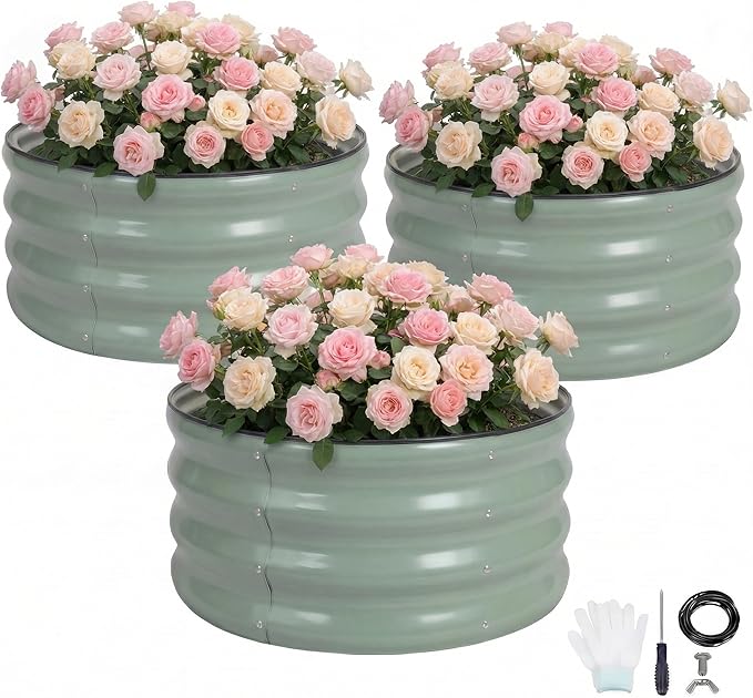 SPONVATT 3Pcs Round Galvanized Raised Garden Bed Kit 24 x 12 Inch Metal Planter Box Outdoor with Safety Rubber Edge Trim Rust Proof Weather Resistant Circular Steel Garden Beds Sage Green 12 Inch Deep