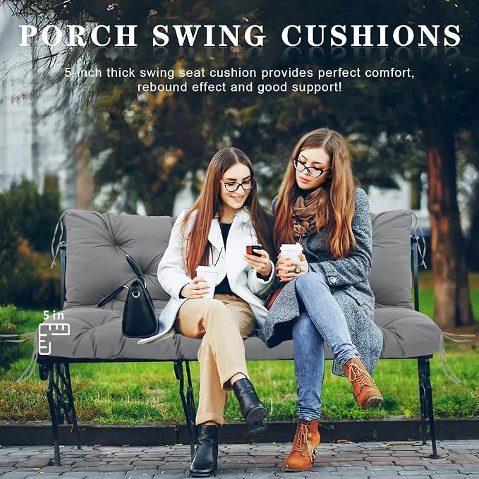 Porch Swing Cushions Outdoor, 5 Inch Thick Waterproof 2-3 Seater Replacement Swing Cushion with Backrest and Anti-Slip Ties, Perfect for Porch, Patio, Garden, Outdoor Bench Furniture, 60×40×5 Inch