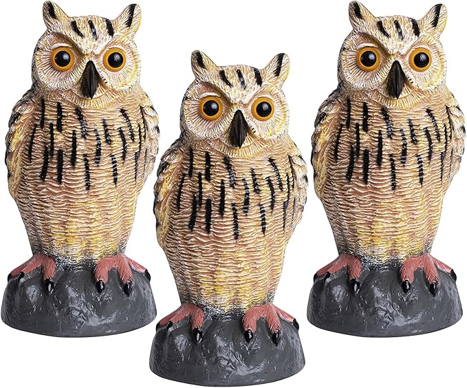 Owl Decoy | Plastic Owls to Scare Birds Away | Owl Statue for Garden & Outdoors - Pack of 3