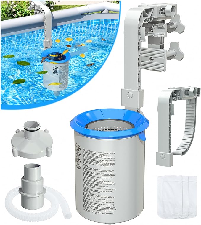 DeeprClean Upgrade Above Ground Pool Skimmer Comes with 3 Socks, Anti-tilt Wall Mount Surface Skimmer, Removable Skimmer Basket, Adjustable Height Bracket, Auto Skimming Pool Surface Leaves - Gray