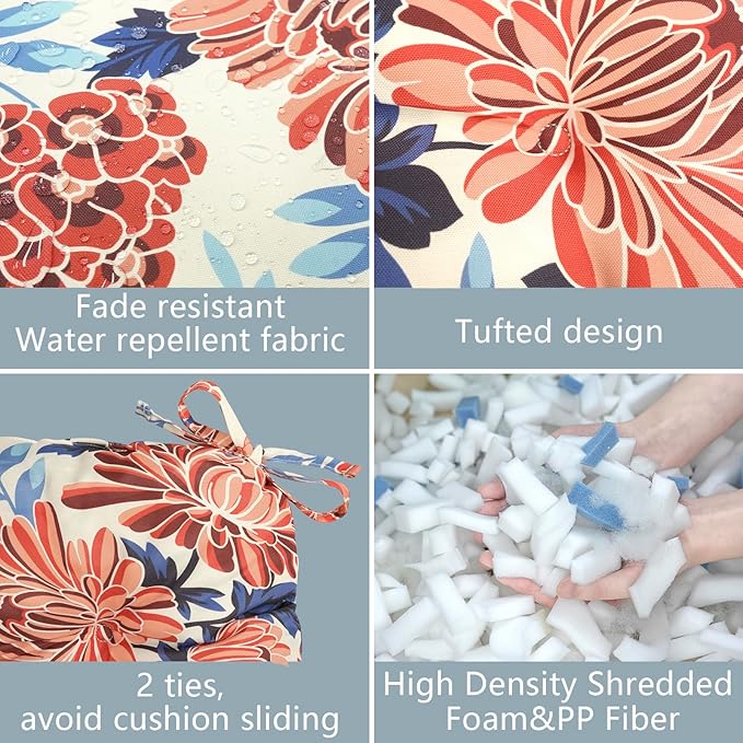 LVTXIII Outdoor/Indoor Tufted Seat Cushion, Decorative Wicker Chair Pads All Weather Seat Cushion Sets for Patio Garden Home Office Furniture, 19"x19"x4", Round Back, Pack of 2, Red Chrysanthemum