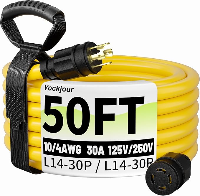50FT 30 Amp Generator Cord, Outdoor Heavy Duty 4 Prong Extension Cord with Twist Lock, NEMA L14-30P/L14-30R, 30A 125/250V, 10 Gauge, STW, for Home Emergencies, RVs, ETL Listed, Yellow
