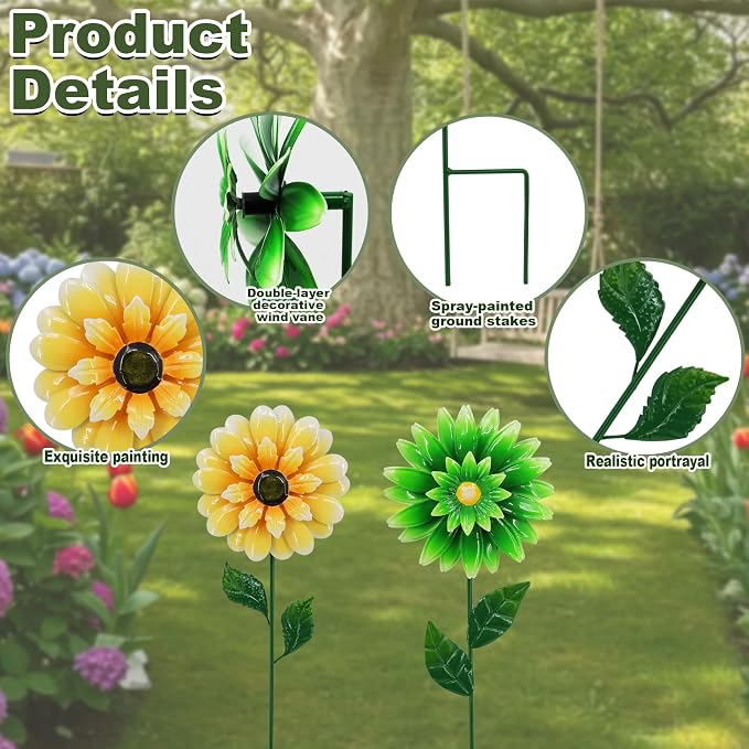 2 Pack Metal Flower Wind Spinner for Yard, 18in Outdoor Garden Stake with Retro Floral Design, Kinetic Patio Lawn Art, Weather Resistant Spring Decor