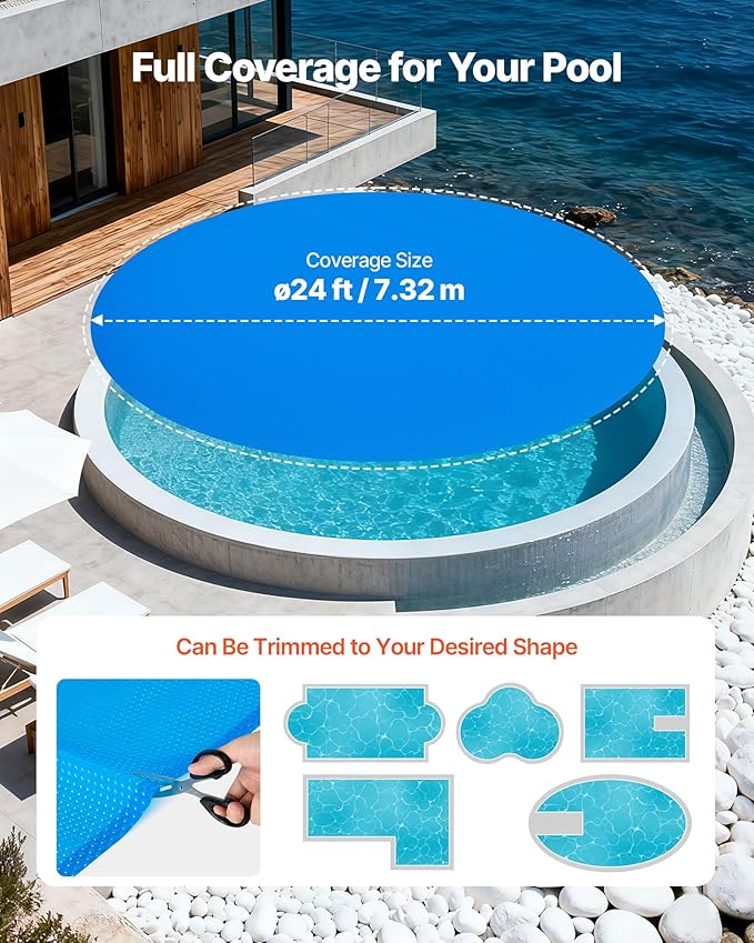 VEVOR Solar Pool Cover, 24 ft Round Pool Bubble Cover, 16 Mil Pools Solar Blanket with Bubble & PE Material, Daytime Heat Absorption, Nighttime Heat Retention, Heat Retaining Solars Covers, Blue
