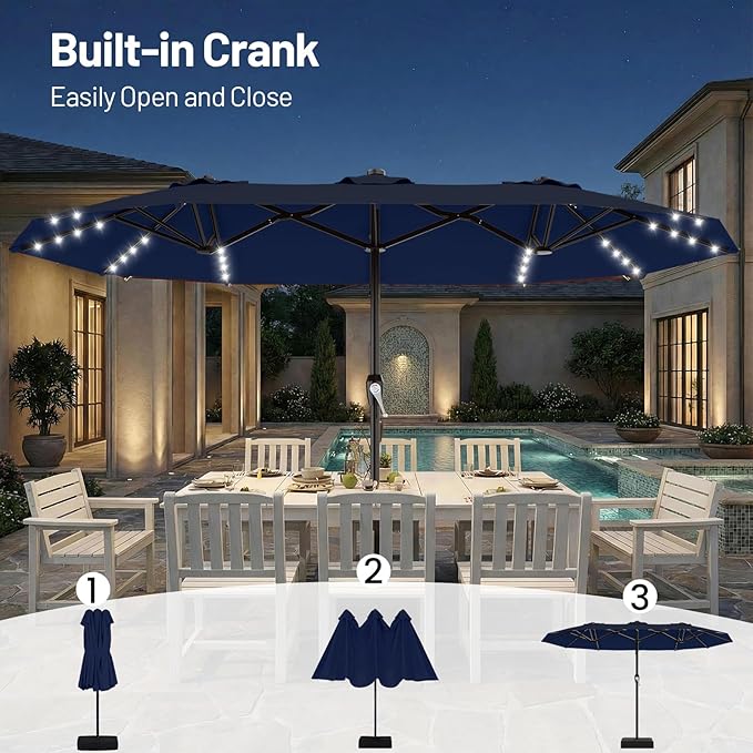 AreShark 15FT Patio Umbrella with Solar Lights, Double Sided Outdoor Table Umbrellas with Crank, Large Rectangular Market Umbrella for Porch, Lawn, Pool, Backyard, Navy