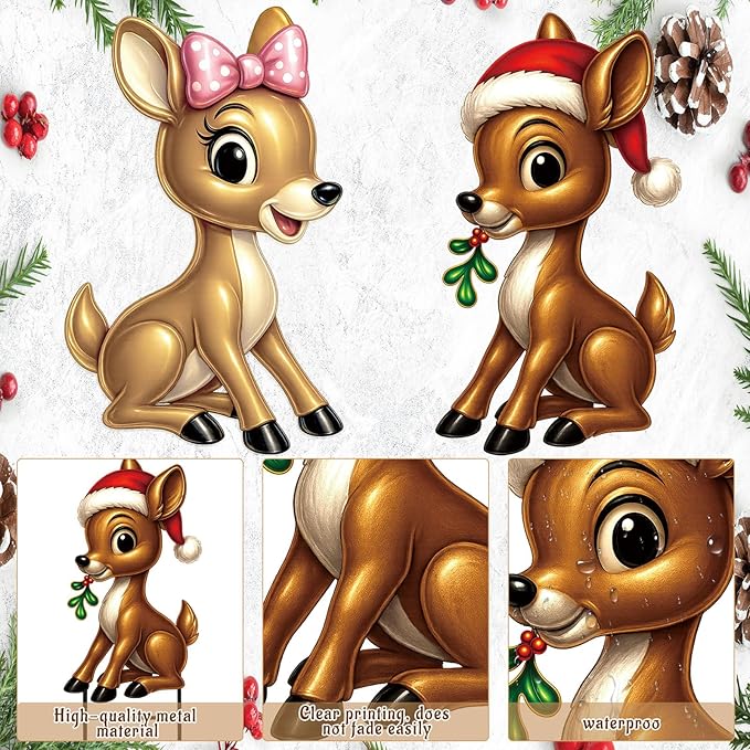 Moxweyeni 2 Pcs Outdoor Reindeer Christmas Decoration Cute Deer Sign Large Metal Reindeer Yard Sign with Stakes Christmas Farmhouse Deer Figurines for Lawn Garden Holiday Display