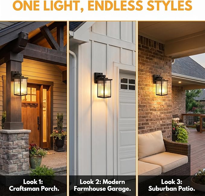 2 Pack Dusk to Dawn Outdoor Lighting, Modern Wall Sconce with Textured Glass, Waterproof IP65 Exterior Light Fixture, Soft Glow Warm Ambiance for Front Door Porch Garage, 10.6 Inch Height, Black