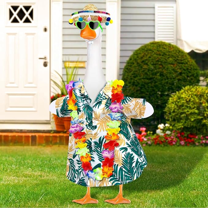 Hawaiian Goose Outfit with Sunglasses & Wreath,Porch Goose Outfits for 23" 17" Cement Plastic Goose Clothes Costumes,Garden Decor Goose and Duck Costume for Outdoor Statues