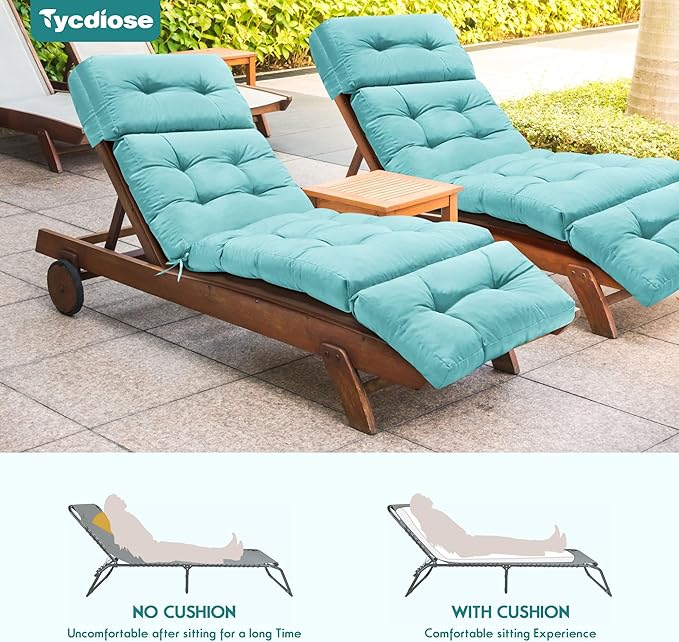 Outdoor Chaise Lounge Chair Cushion Waterproof 74.4 x 22 x 4.7 Inches Memory Foam Lounge Chair Cushions Replacement for Outdoor Furniture with Ties, Thickened Pool Lounge Chair Cushion, Teal