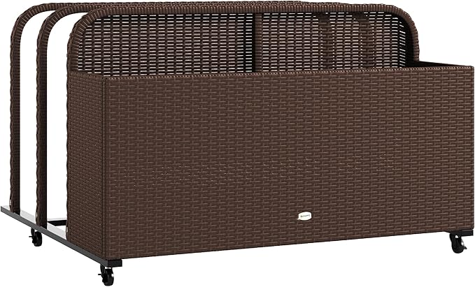 Outsunny Wicker Patio Pool Float Storage Basket, PE Rattan Outdoor Pool Caddy with Rolling Wheels for Floaties, Noodles, Life Vests, Beach Balls, Patio Furniture, Brown