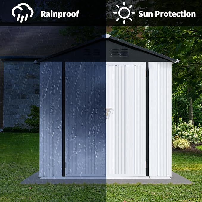 6FT x 4FT Outdoor Metal Storage Shed with Apex Roof – Durable Steel Garden Shed in White & Black, Weather-Resistant for Backyard, Patio & Lawn (Lockable, Easy Assembly, Tool Storage, Bike Shed)