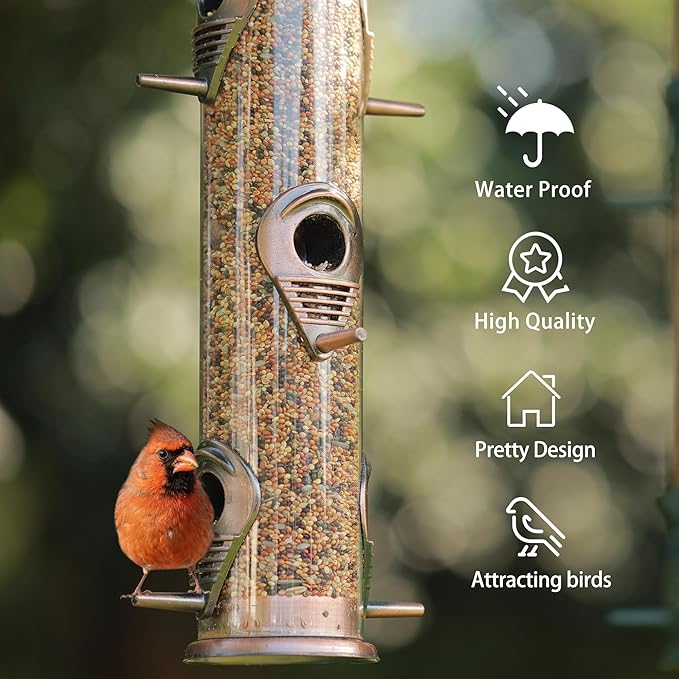 MIXXIDEA 2PK Metal Bird Feeders with 6 Feeding Ports,Tube Bird Feeder with Steel Hanger,Wild Bird Feeder for Outdoors Hanging, Attracting Birds in Your Lawn, Garden, Balcony (Antique Copper)