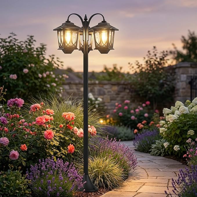 PEATOP 73” Solar Lamp Post Light Outdoor, 3-Head Aluminum Solar Post Light for Yard, Garden, Lawn, Pathway, 90Lm Dusk to Dawn Waterproof Solar Floor Lamp with Replaceable Bulbs, Warm White