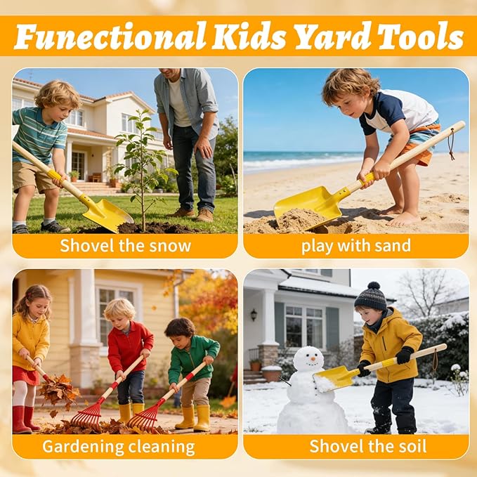 2 Pcs Kids Rake and Shovel Set,28" Toddler Size Metal Snow Shovel & Leaves Rake with Wooden Handle,Real Gardening Tools for Child Age 3 for Little Helpers in Winter Yard Fun