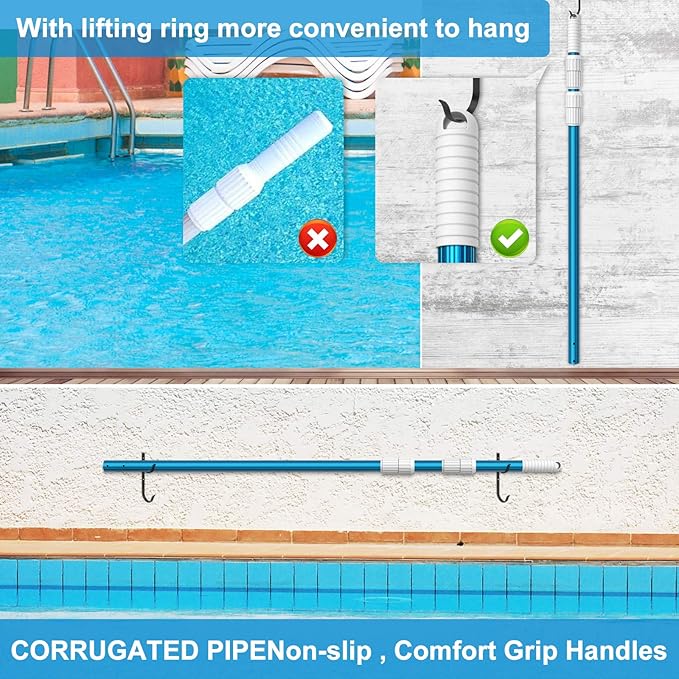 CKE Upgraded 12 Feet Thicken 1.3mm Blue Aluminum Telescoping Swimming Pool Pole,Adjustable 3 Piece Expandable Step-Up,Attach Connect Skimmer Nets,Rakes,Brushes,Vacuum Heads with Hoses, Universal 1.25"