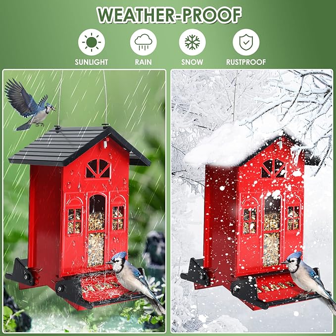 Birdkiss Bird Feeder Squirrel-Proof Outside: Country House Series for Hanging - Metal - 5LBs Seed - Weight-Activated for Outdoors - Large Capacity and Red